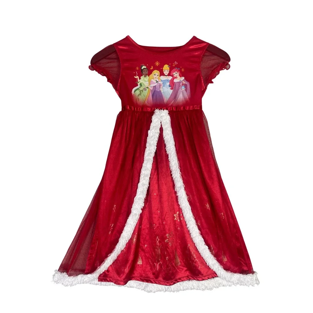 Disney Princess Christmas Nightgown Girls 6 6X Tiana Rapunzel Cinderella Belle